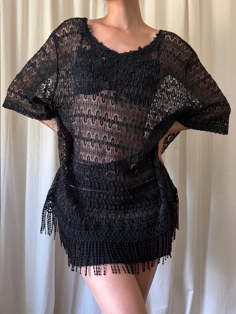 Vintage Sabrina Black & Gold Sheer Crochet Fringe Tunic Top Women's Size 3XL